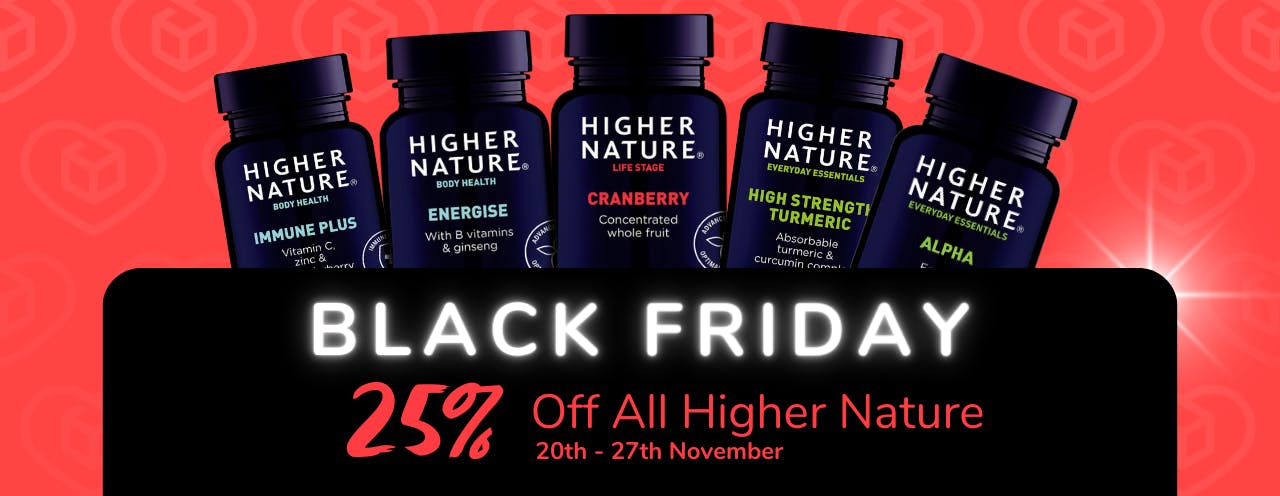 White text on black background saying: 'Black Friday Sale, up to 25% off Higher Nature at medino.com'